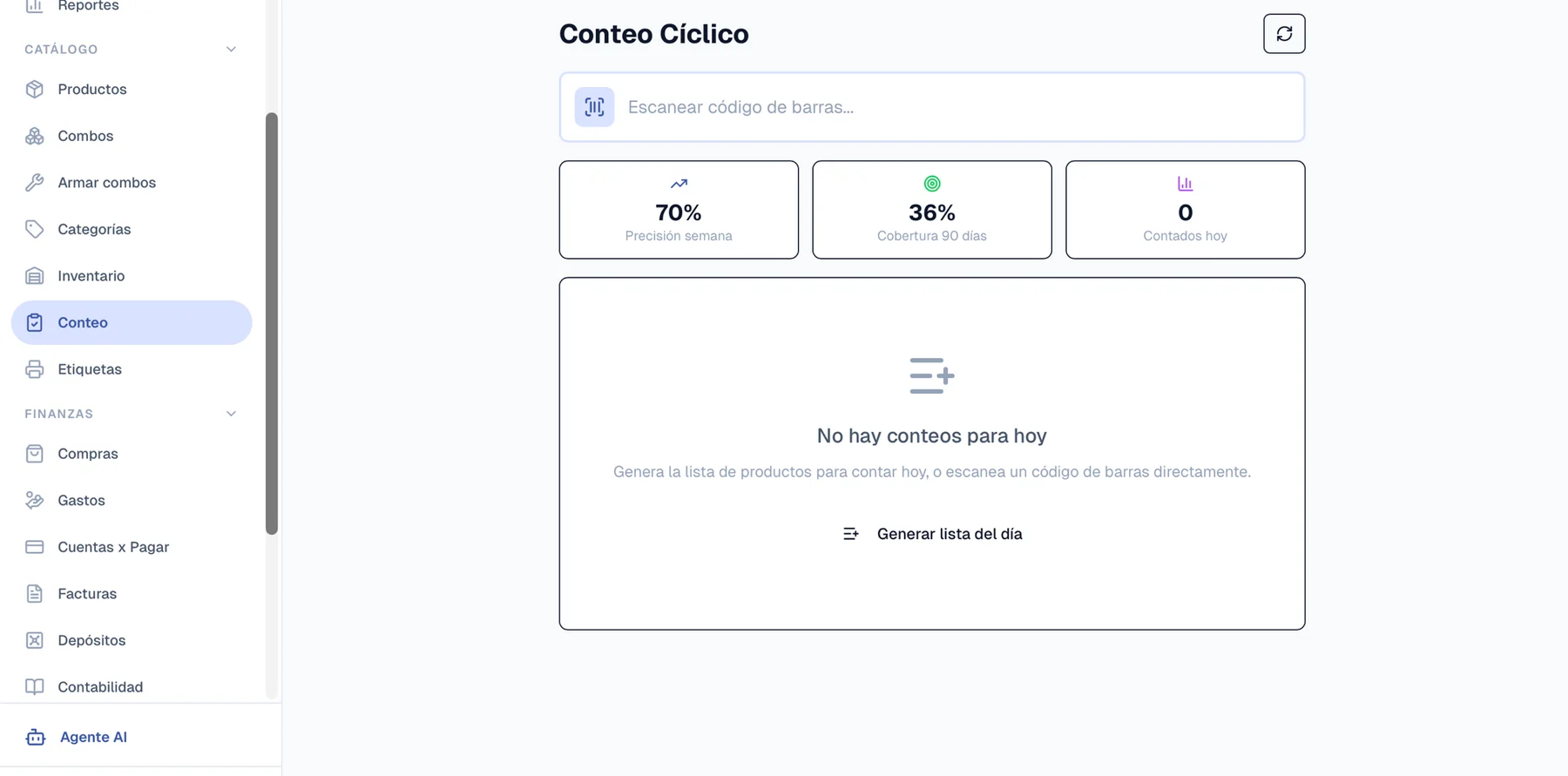 Módulo de conteo cíclico de SimplePOS con métricas de precisión semanal y cobertura de inventario.